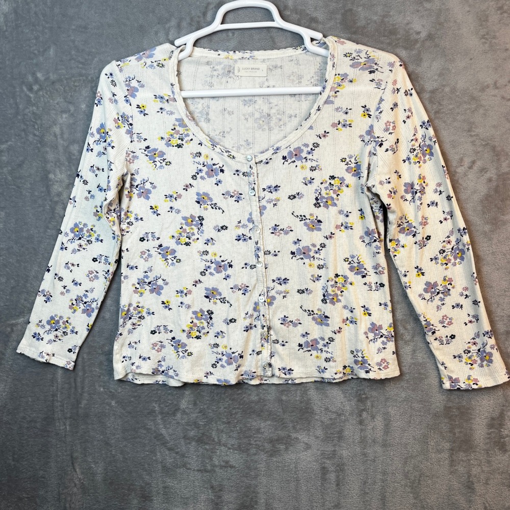 Lucky Brand Top Women Large White Floral Pointelle Knit Button Front Long Sleeve